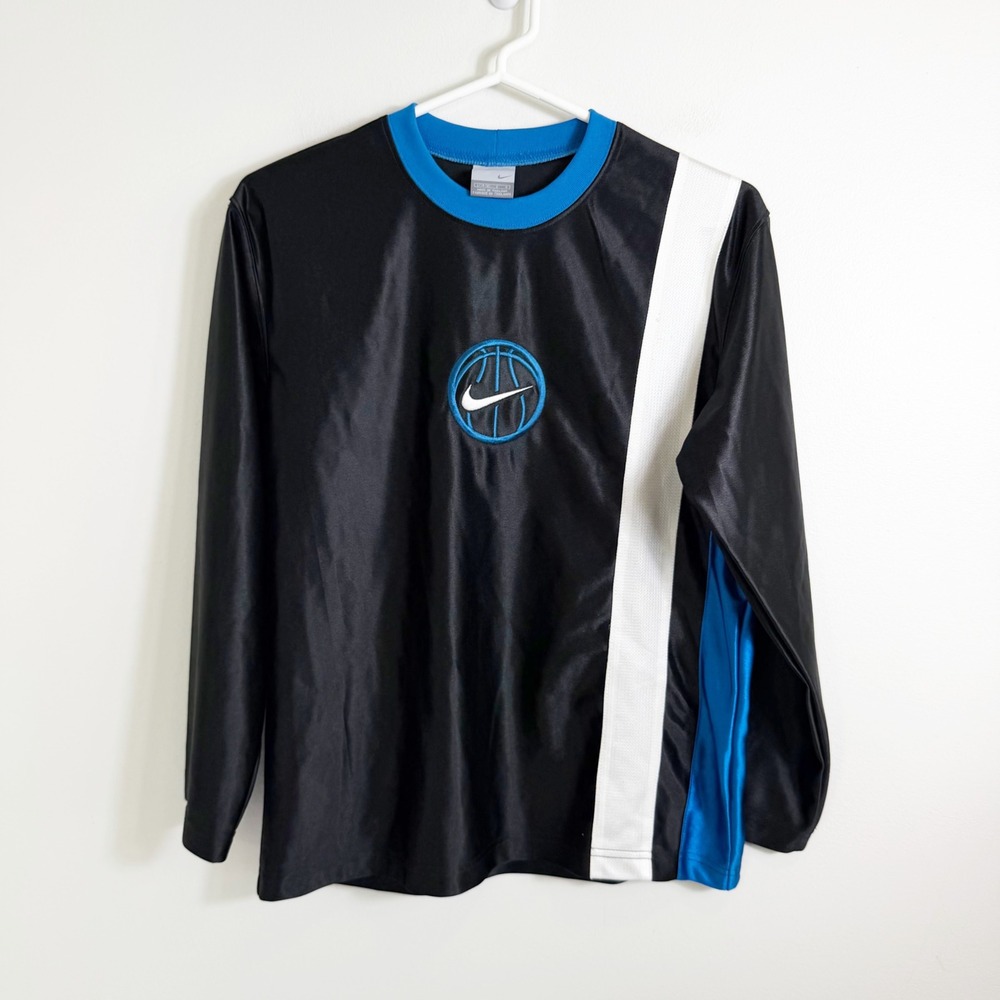 Nike Basketball Shirt Kids Large Black Blue White Long Sleeve Vintage Y2K Dazzle